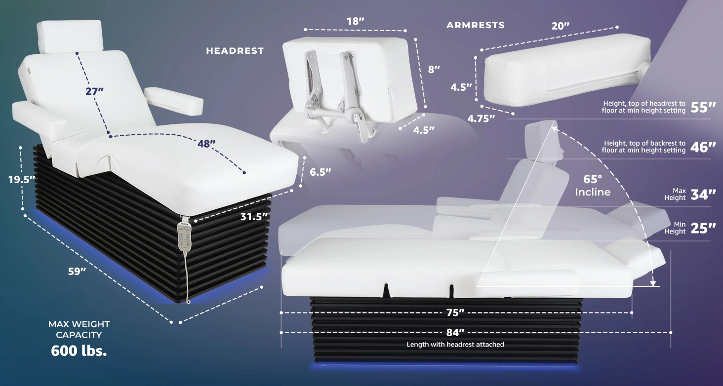 Serene Adjustable Electric Spa Bed with Ambient LED Light measurements